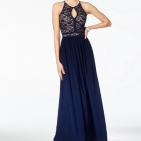 NWT Morgan & Co. Halter Top Long Prom Dress, Navy Blue, Size 8 - Picture 7 of 12